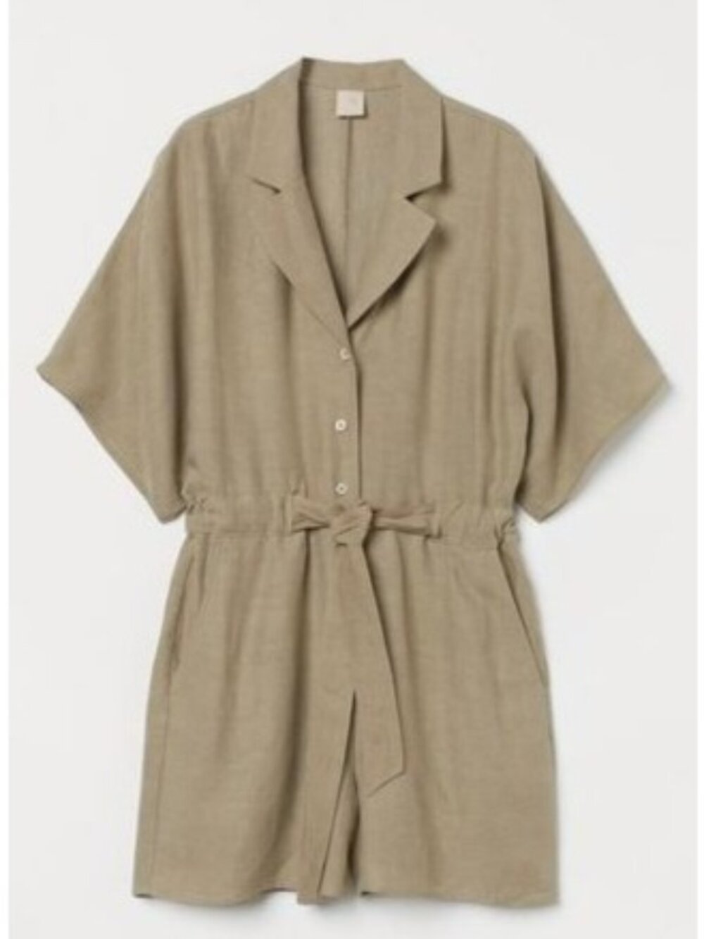 H&M Linen Blend Romper Women's XL Beige Taupe Short Sleeve Button Utility Playsu